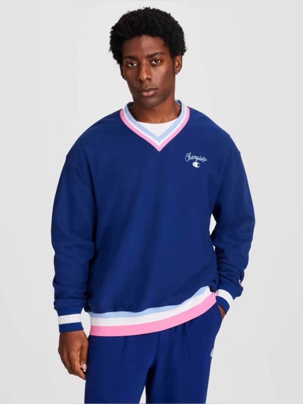 Champion Men Club Sport Striped V-Neck French Terry Pullover